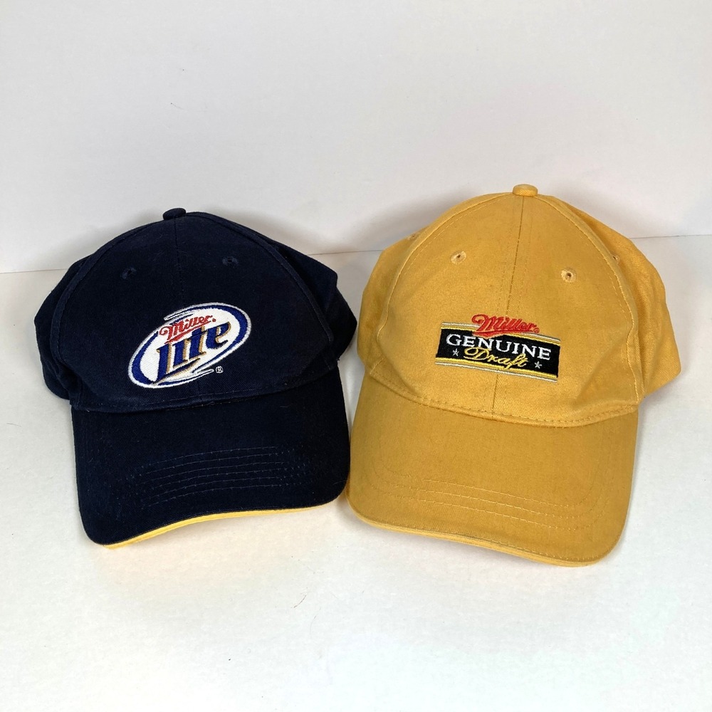 Set of 2 Acme Miller Beer Baseball Caps Adjustable Back Straps Gold Blue Logo‎